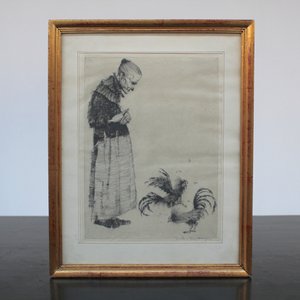 Jules Fonteyne (1878-1964), Woman with cockerels, etching — photo 1