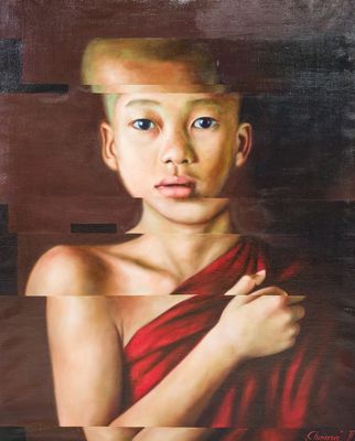 Julia Tann (1992): Portret van Chenrezig, olie op doek, gedat. 2022