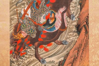 Katsushika Hokusai (Japan, 1760 – 1849), inkt en kleur op zijde: Ryubi springt te paard over een stroom, ca. 1834