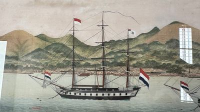 Kawahara Keiga 川原慶賀 (Japan, 1786-1860): 'Two Dutch Vessels Anchored off Deshima Harbour', gouache on silk, seal mark, 19th C. — foto 11
