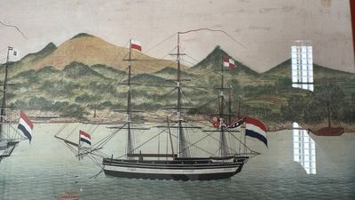 Kawahara Keiga 川原慶賀 (Japan, 1786-1860): 'Two Dutch Vessels Anchored off Deshima Harbour', gouache on silk, seal mark, 19th C. — foto 12