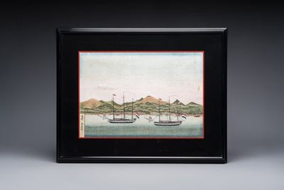 Kawahara Keiga 川原慶賀 (Japan, 1786-1860): 'Two Dutch Vessels Anchored off Deshima Harbour', gouache on silk, seal mark, 19th C. — foto 2