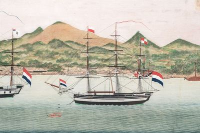 Kawahara Keiga 川原慶賀 (Japan, 1786-1860): 'Two Dutch Vessels Anchored off Deshima Harbour', gouache on silk, seal mark, 19th C. — foto 4