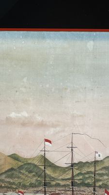 Kawahara Keiga 川原慶賀 (Japan, 1786-1860): 'Two Dutch Vessels Anchored off Deshima Harbour', gouache on silk, seal mark, 19th C. — foto 8