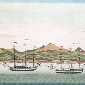 Kawahara Keiga 川原慶賀 (Japan, 1786-1860): 'Two Dutch Vessels Anchored off Deshima Harbour', gouache on silk, seal mark, 19th C. — foto 1