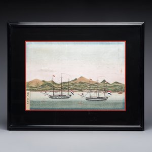 Kawahara Keiga 川原慶賀 (Japan, 1786-1860): 'Two Dutch Vessels Anchored off Deshima Harbour', gouache on silk, seal mark, 19th C. — foto 2