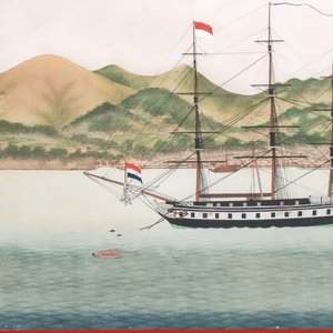 Kawahara Keiga 川原慶賀 (Japan, 1786-1860): 'Two Dutch Vessels Anchored off Deshima Harbour', gouache on silk, seal mark, 19th C. — foto 3