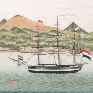 Kawahara Keiga 川原慶賀 (Japan, 1786-1860): 'Two Dutch Vessels Anchored off Deshima Harbour', gouache on silk, seal mark, 19th C. — foto 4