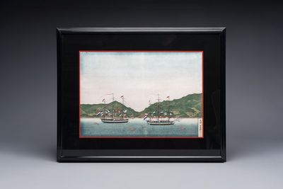 Kawahara Keiga 川原慶賀 (Japan, 1786-1860): 'Two Dutch Vessels Anchored off Nagasaki Bay', gouache on silk, seal mark, 19th C. — 照片 1