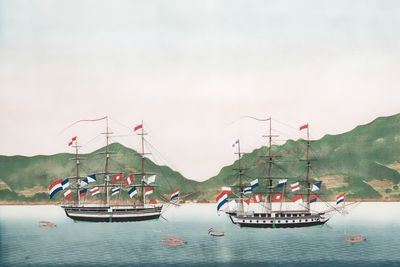 Kawahara Keiga 川原慶賀 (Japan, 1786-1860): 'Two Dutch Vessels Anchored off Nagasaki Bay', gouache on silk, seal mark, 19th C. — 照片 3