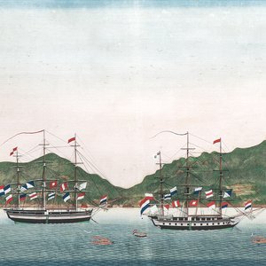 Kawahara Keiga 川原慶賀 (Japan, 1786-1860): 'Two Dutch Vessels Anchored off Nagasaki Bay', gouache on silk, seal mark, 19th C. — 照片 1