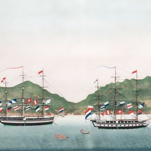 Kawahara Keiga 川原慶賀 (Japan, 1786-1860): 'Two Dutch Vessels Anchored off Nagasaki Bay', gouache on silk, seal mark, 19th C. — 照片 3