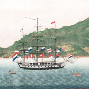 Kawahara Keiga 川原慶賀 (Japan, 1786-1860): 'Two Dutch Vessels Anchored off Nagasaki Bay', gouache on silk, seal mark, 19th C. — 照片 4