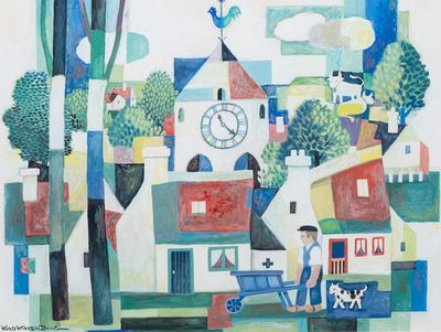 Kho Khiem Bing (Vietnam, 1917-): 'Vue sur un village au fermier', huile sur carton