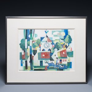 Kho Khiem Bing (Vietnam, 1917-): 'Zicht op dorp met landbouwer', olie op karton — foto 2