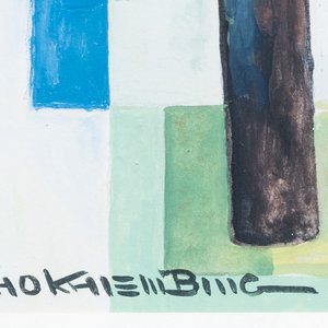 Kho Khiem Bing (Vietnam, 1917-): 'Zicht op dorp met landbouwer', olie op karton — foto 5