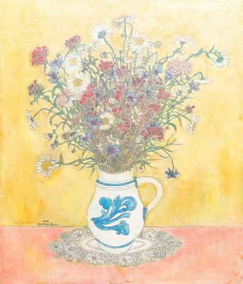 Kho Kiem Bing (Vietnam, 1917-), encre et huile sur toile: Nature morte aux fleurs dans une cruche en grès de Westerwald, daté 1944