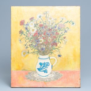 Kho Kiem Bing (Vietnam, 1917-), encre et huile sur toile: Nature morte aux fleurs dans une cruche en grès de Westerwald, daté 1944 — photo 2