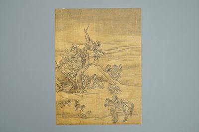 Koreaanse school: Figuren in een landschap, inkt op papier, Joseon, 18/19e eeuw