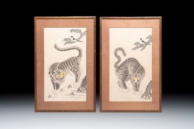 Korean school: 'A pair of tiger paintings', ink and colour on paper, Joseon, 19th C.
