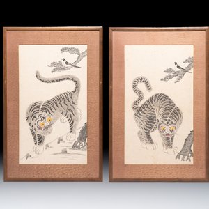Korean school: 'A pair of tiger paintings', ink and colour on paper, Joseon, 19th C. — 照片 1