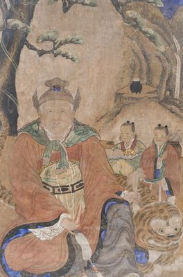 Korean school: 'Mountain Spirit Sansin 산신 or 山神 with tiger and attendants', Joseon, 18th C.