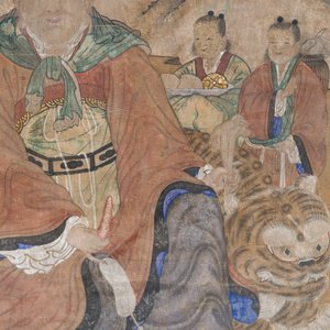 Korean school: 'Mountain Spirit Sansin 산신 or 山神 with tiger and attendants', Joseon, 18th C. — 照片 4