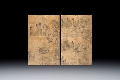 Korean school: 'Ode to the Red Cliff' and 'Immortals on a Dragon Carp', ink and colour on paper, Joseon, 18/19th C.