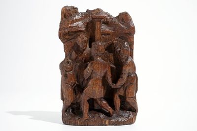 La danse autour du veau d'or, fragment de retable, chêne, Flandres, 16ème