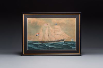 Lars Petter Sjöström (1820–1896): 'Ship portrait of the Dutch bark Auburn', gouache on paper, signed and dated 1884