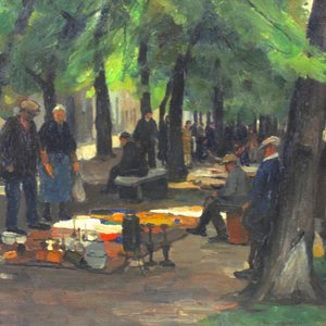 Leo Mechelaere (1880-1964), Zicht op de vlooienmarkt langs de Dijver te Brugge — foto 1