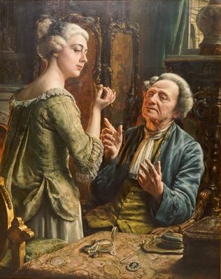 Léon Brunin (1861-1949), Chez le bijoutier (At the jeweller's), olie op paneel, dated 1923