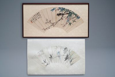 Lian Xi (1816-1884), encre et couleurs sur papier, daté 1877: 'Une peinture d'éventail figurant un oiseau'