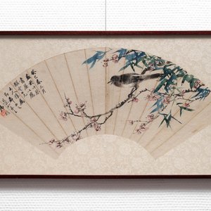 Lian Xi (1816-1884), ink and colour on paper, dated 1877: 'A fan painting with a bird' — 照片 3