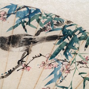 Lian Xi (1816-1884), ink and colour on paper, dated 1877: 'A fan painting with a bird' — 照片 5