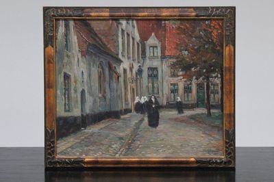 Lionel Poupaert (1900-1989), "Béguines au Béguinage de Bruges", huile sur bois, daté 1917