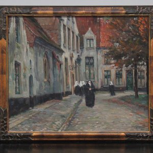 Lionel Poupaert (1900-1989), Beguins in the Bruges Beguinage, oil on board dated 1917 — photo 1