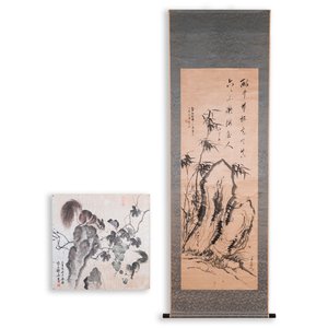 Liu Ruihua 劉瑞華 (1971): 'Eekhoorns met druiventrossen', inkt en kleur op papier, gedat. 1995 en Jiang Yunge 江雲閣: 'Bamboe', inkt op zijde, gedat. 1949 — foto 1