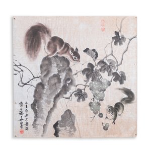 Liu Ruihua 劉瑞華 (1971): 'Squirrels and grapes', ink and colour on paper, dated 1995 and Jiang Yunge 江雲閣: 'Bamboo', ink on silk, dated 1949 — photo 12