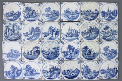 Lot de 24 carreaux avec médaillons en faïence de Delft, bleu et blanc, 18e