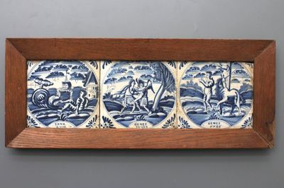Lot de 3 carreaux bibliques encadrés en faïence de Delft, bleu et blanc, 18e