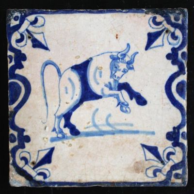 Lot de 6 carreaux en faïence de Delft, bleu et blanc, différentes images d'animaux, 17e et 18e