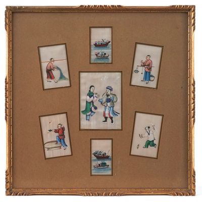 Lot de 7 peintures chinoises sur papier de riz, encadré, Canton, 18e-19e