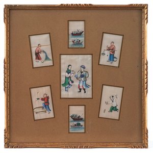 Lot de 7 peintures chinoises sur papier de riz, encadré, Canton, 18e-19e — photo 1
