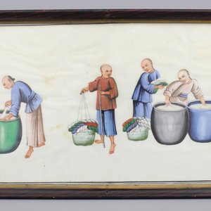 Lot de 8 peintures chinoises sur papier de riz à décor de la production de soie, Canton, env. 1800 — photo 2