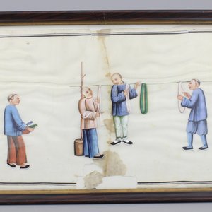 Lot de 8 peintures chinoises sur papier de riz à décor de la production de soie, Canton, env. 1800 — photo 4