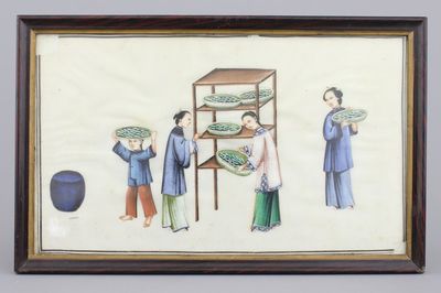Lot van 8 Chinese beschilderingen op rijstpapier over de zijdeproductie, ca 1800