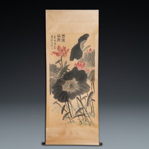Lou Shibai (1918-2010), encre et couleurs sur papier: 'Fleurs de lotus' — photo 2
