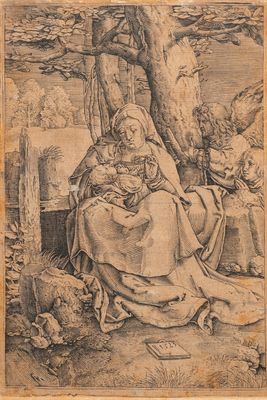 Lucas van Leyden (1494 - 1533), gravure sur papier, 16ème: La Vierge à l'Enfant et deux anges
