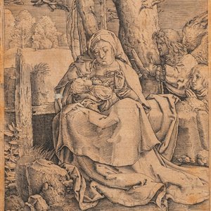 Lucas van Leyden (1494 - 1533), gravure sur papier, 16ème: La Vierge à l'Enfant et deux anges — photo 1